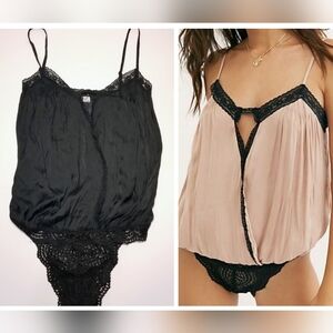 New FREE PEOPLE Intimately Black Lace Silky Surplice Bodysuit